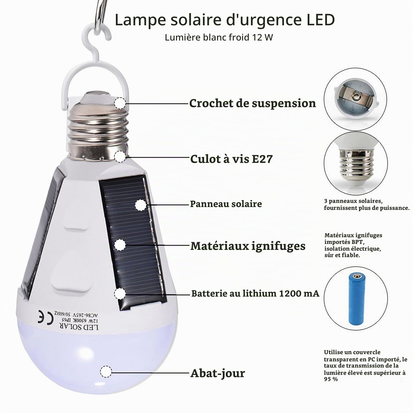 OUKENS Ampoule LED solaire E27 12W portable IP65