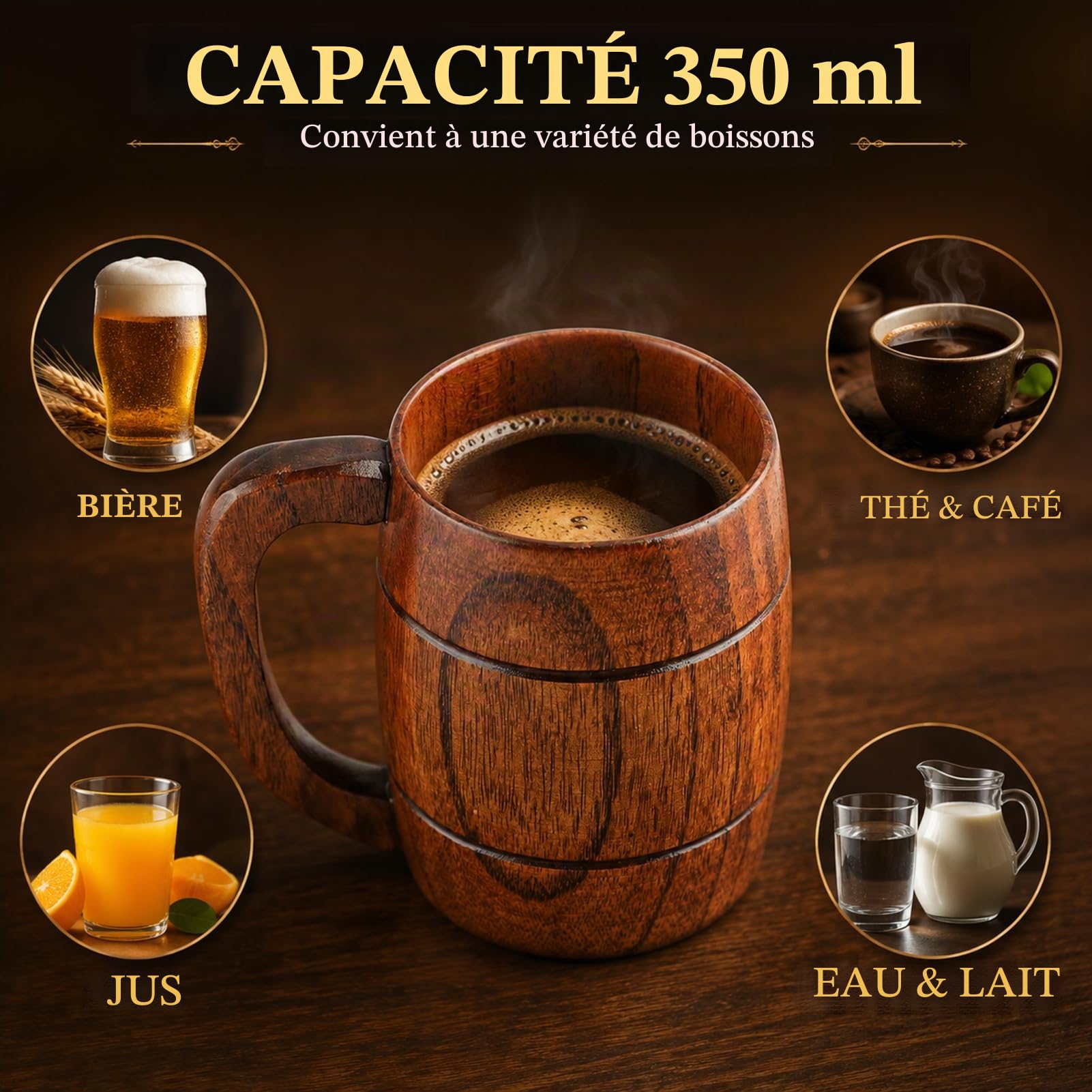 Jadeshay Tasse en Bois 350ml Chope Bière Rétro