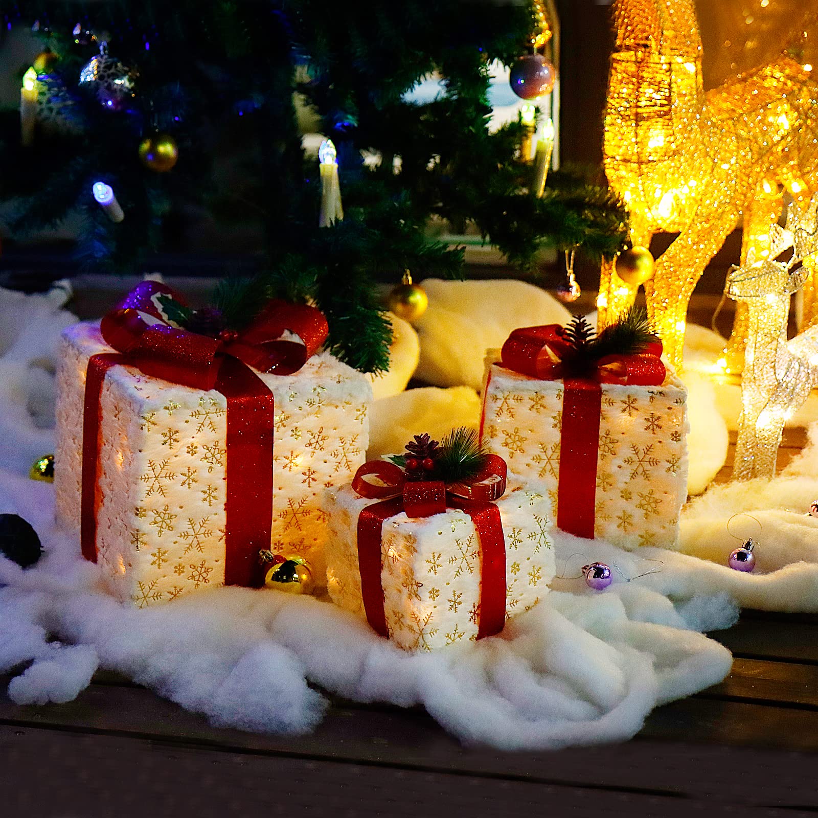 CCLIFE lot 3 boîtes cadeaux lumineuses LED blanc-rouge