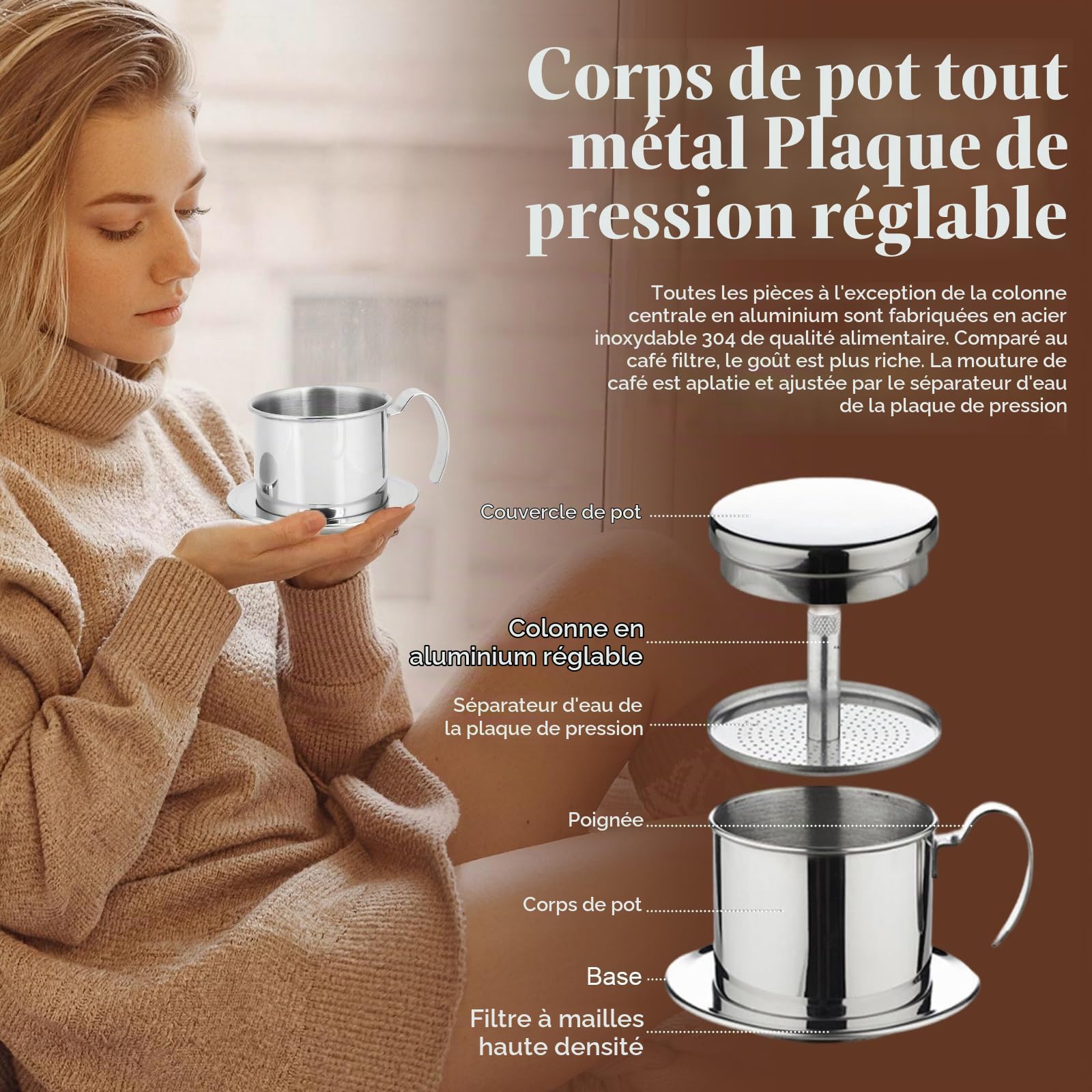 OUKENS Filtre Café Vietnamien Inox 100 ml 1 Tasse Réutilisable