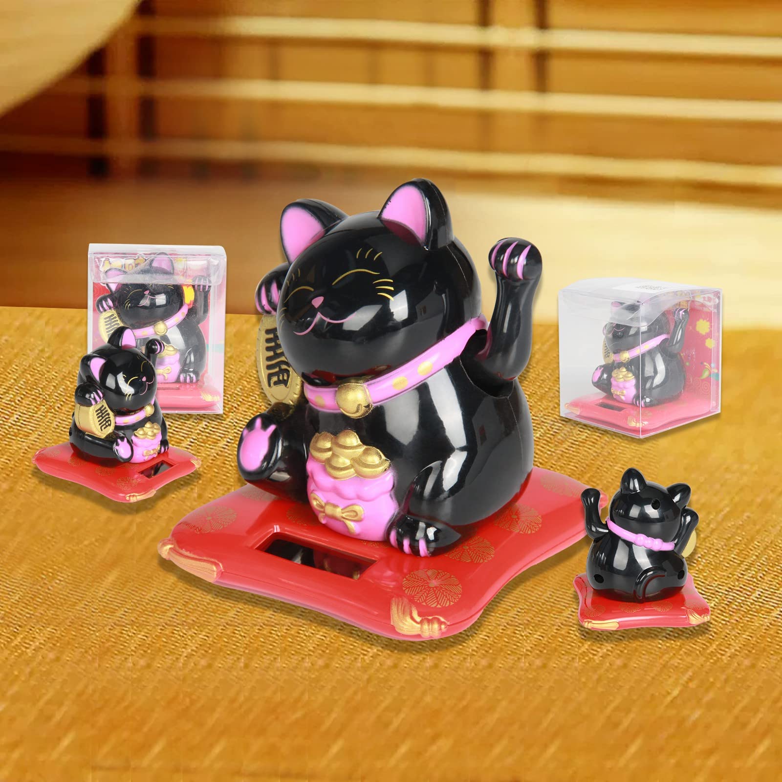 Jadeshay maneki neko solaire noir chat porte-bonheur
