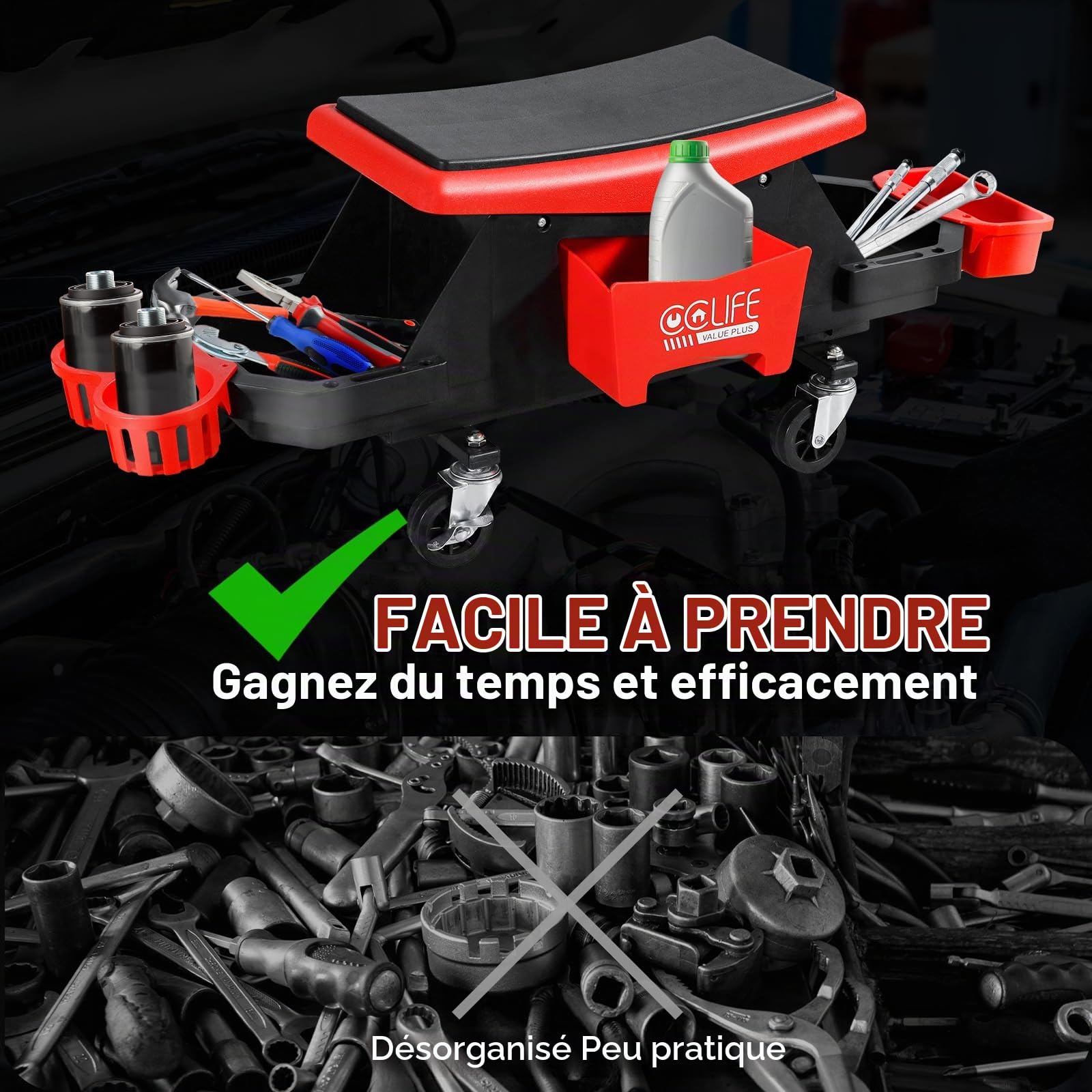 CCLife DIY Tools tabouret mécanicien roulant 180 kg avec tiroir