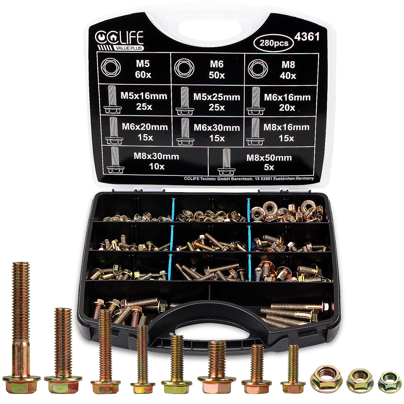 CCLIFE DIY Tools Coffret 280 Boulons à Bride M5 M6 M8 Galvanisé