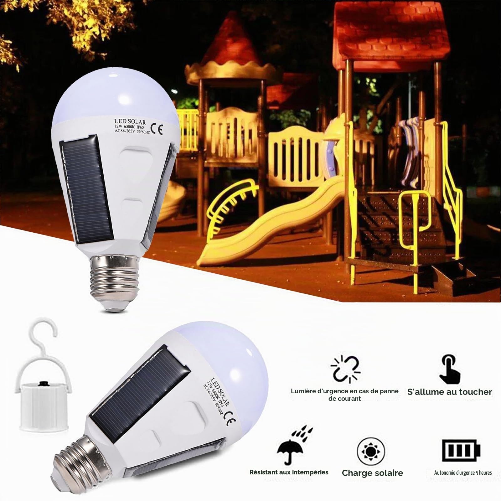 OUKENS Ampoule LED solaire E27 12W portable IP65