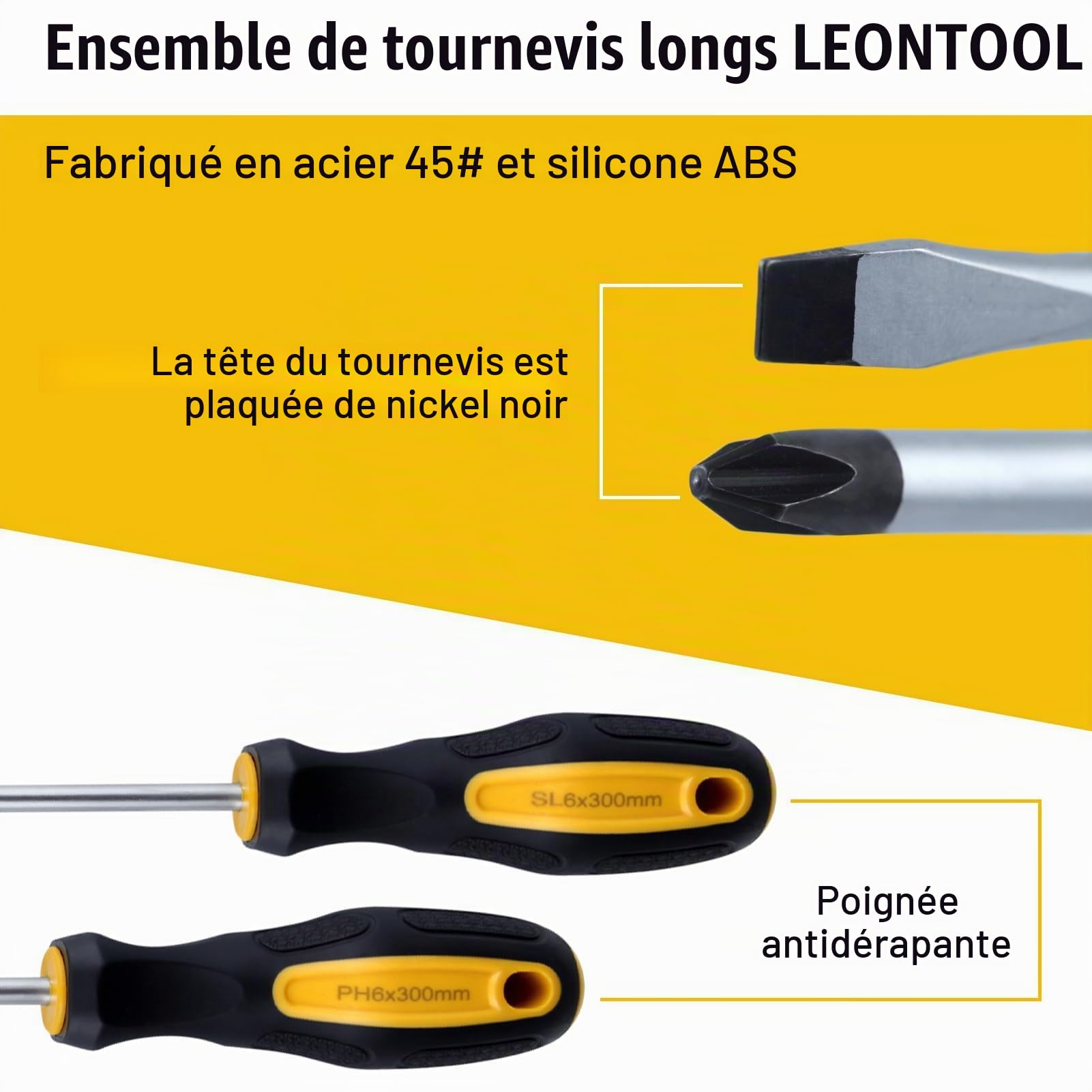 LEONTOOL Tournevis longs 12 pouces plat+cruciforme lot 2