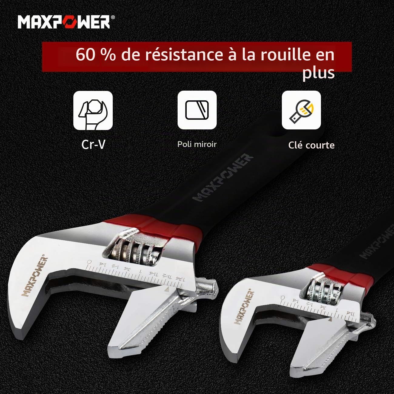 MaxPower Clés à Molette 150+200 mm Lot de 2 Cr-V