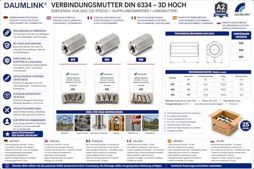 DAUMLINK DIN 6334 Lot 25 écrous longs inox M6