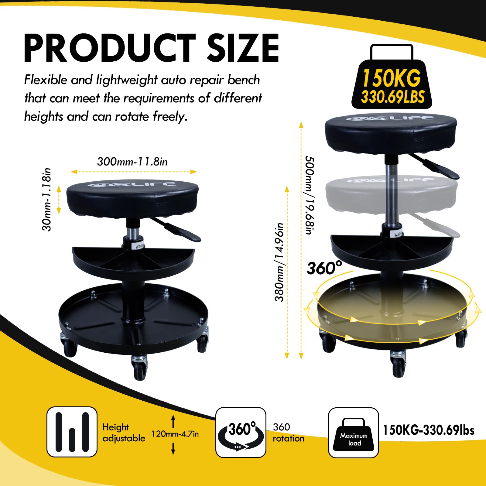 CCLIFE DIY Tools tabouret atelier noir 150 kg réglable 2 plateaux