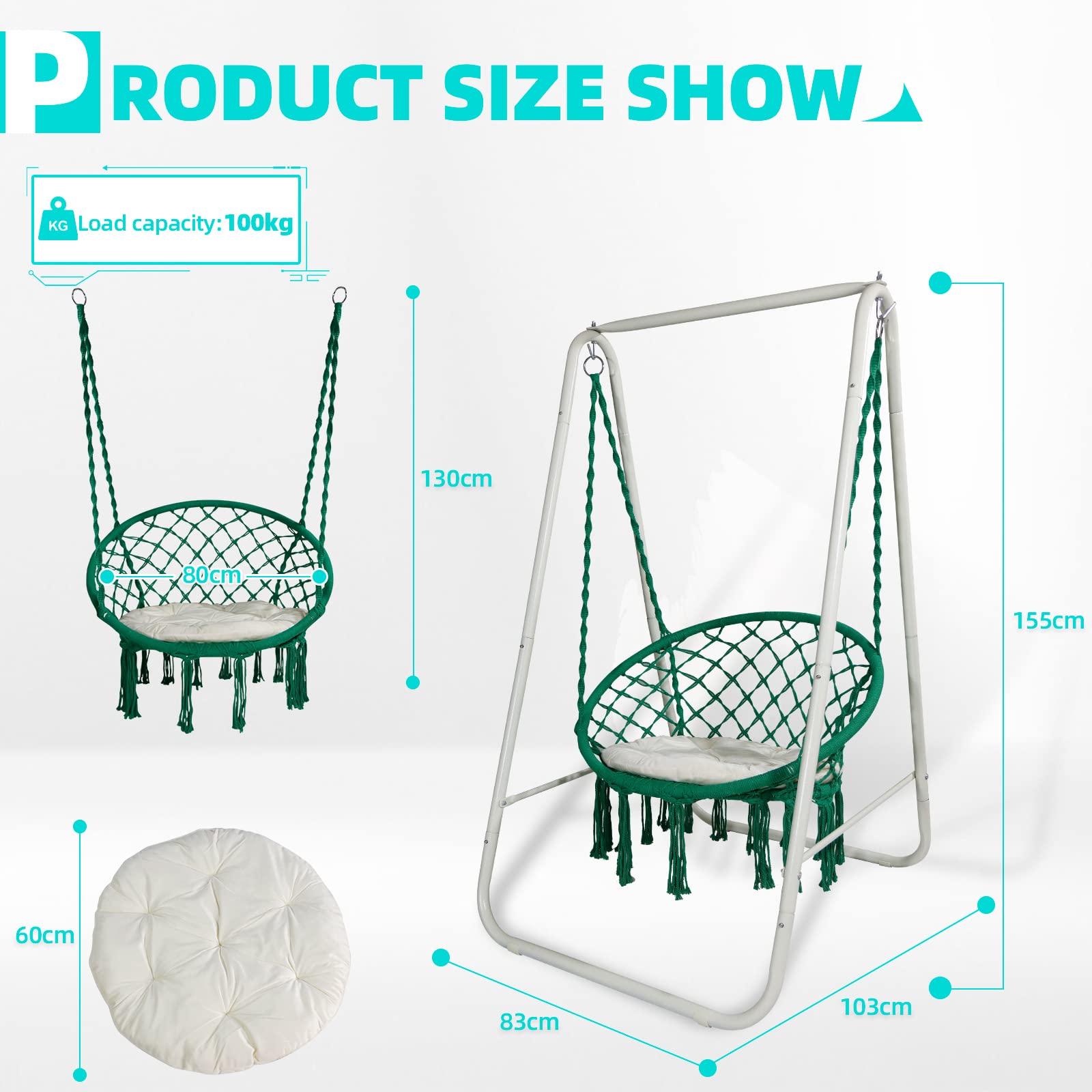 CCLIFE Fauteuil suspendu macramé vert 100 kg avec support