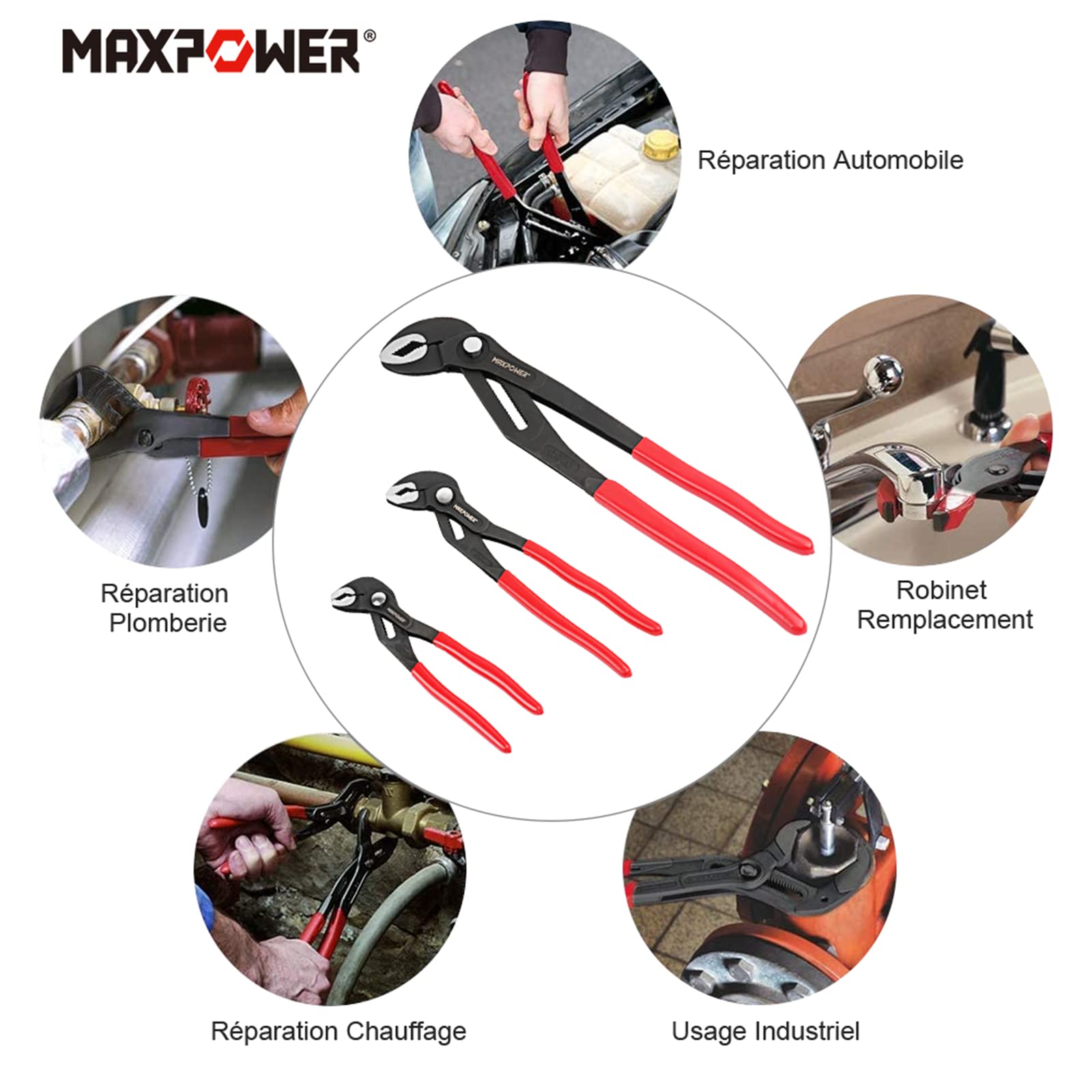 MaxPower Outils de plomberie pinces multiprises 3 pcs Cr-V
