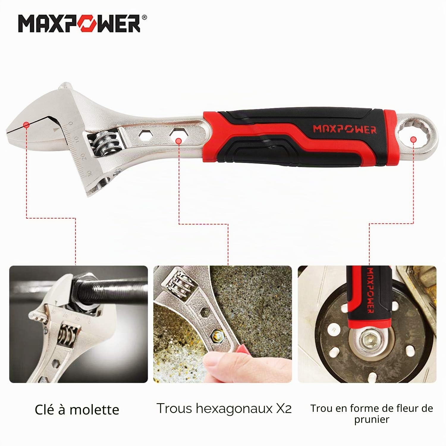 MaxPower Clé à molette 200mm 3-en-1 ouverture 30mm