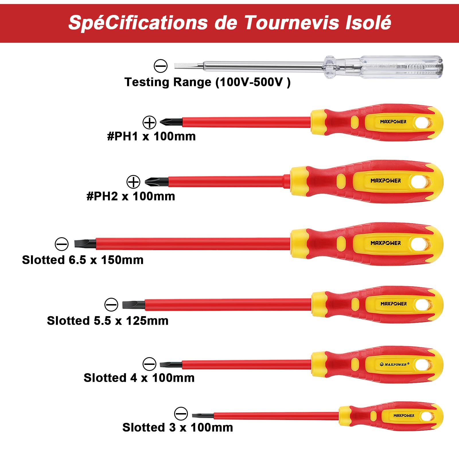 MaxPower Outils isolés 7 tournevis 1000V VDE + testeur