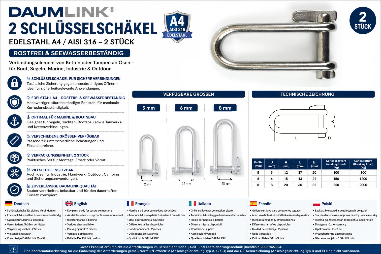 DAUMLINK Manilles manille à clé 6 mm inox A4 lot de 2