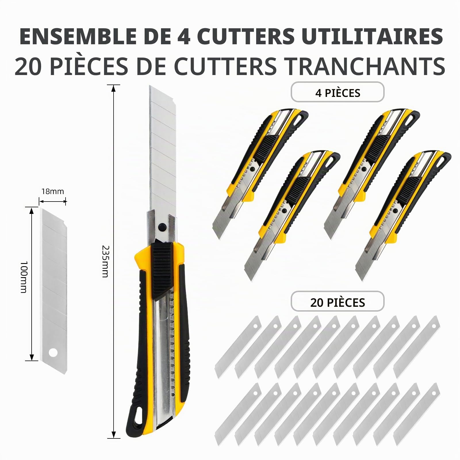 CCLIFE DIY Tools Cutter Pro 18mm 4 Pcs +20 Lames Métal