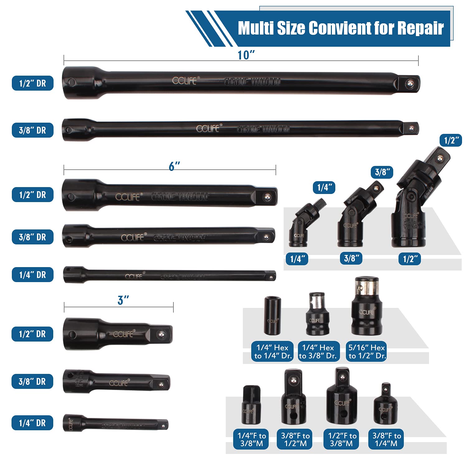 CCLIFE Socket and Bit Sets rallonge douille 18 pièces 1/4-1/2"