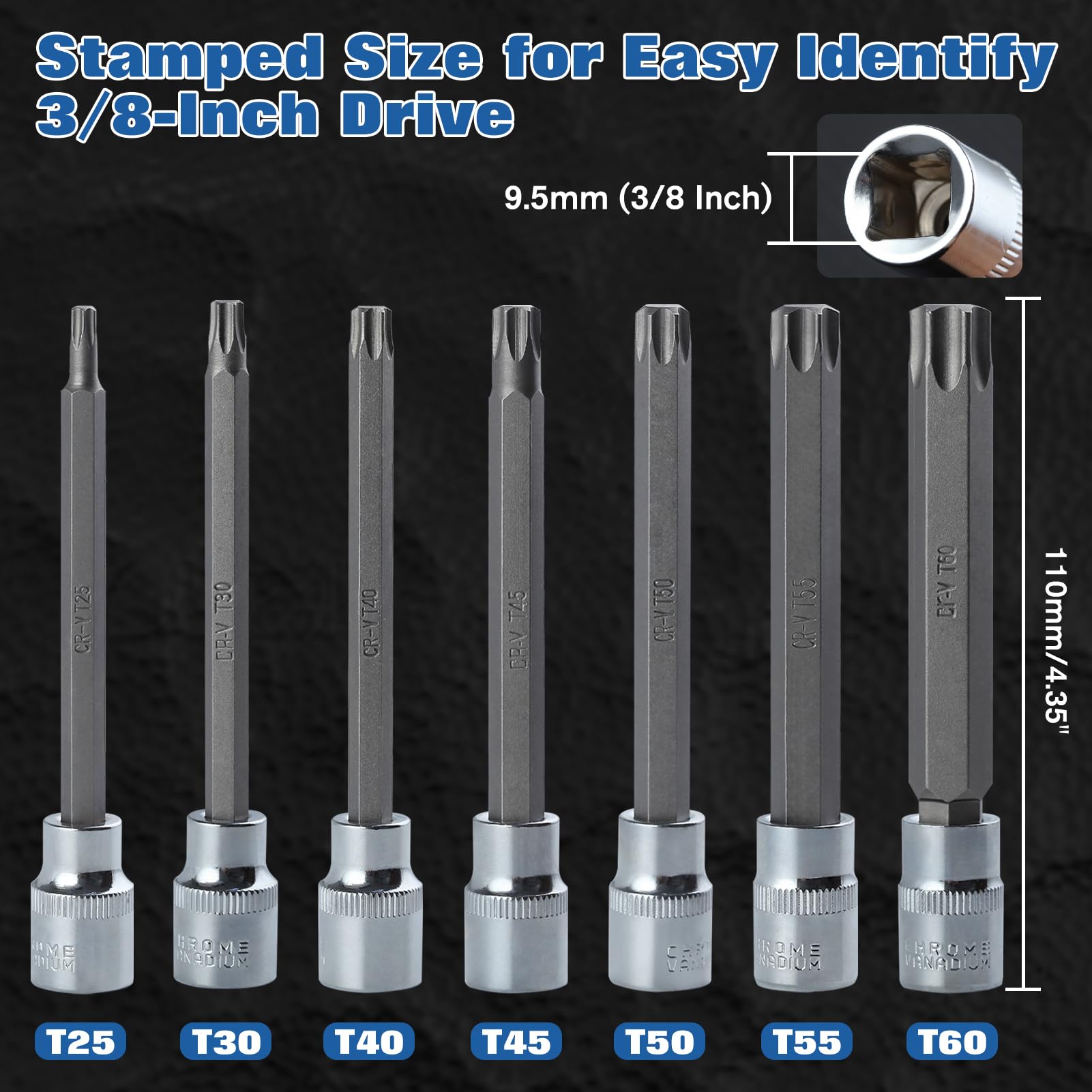 LEONTOOL Jeux de Douilles Torx 3/8 long 110mm 7 pièces T25-T60