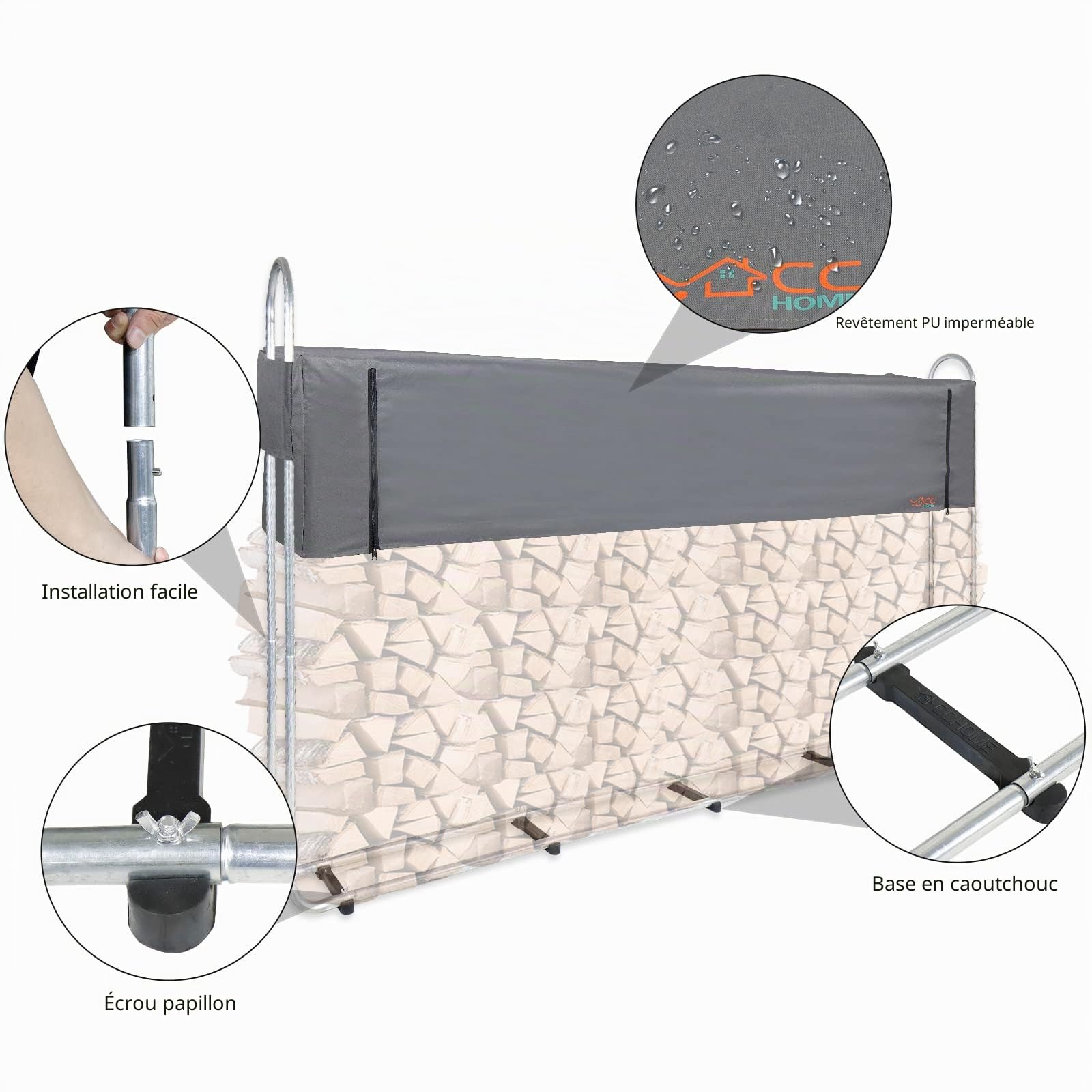 CCLIFE DIY Tools range-bûches métal bâche bois 25-40 cm