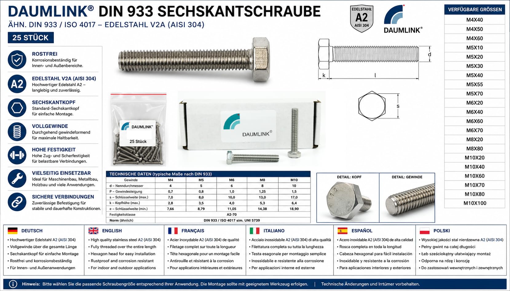 DAUMLINK Vis hexagonale DIN 933 M8x20 inox lot 25