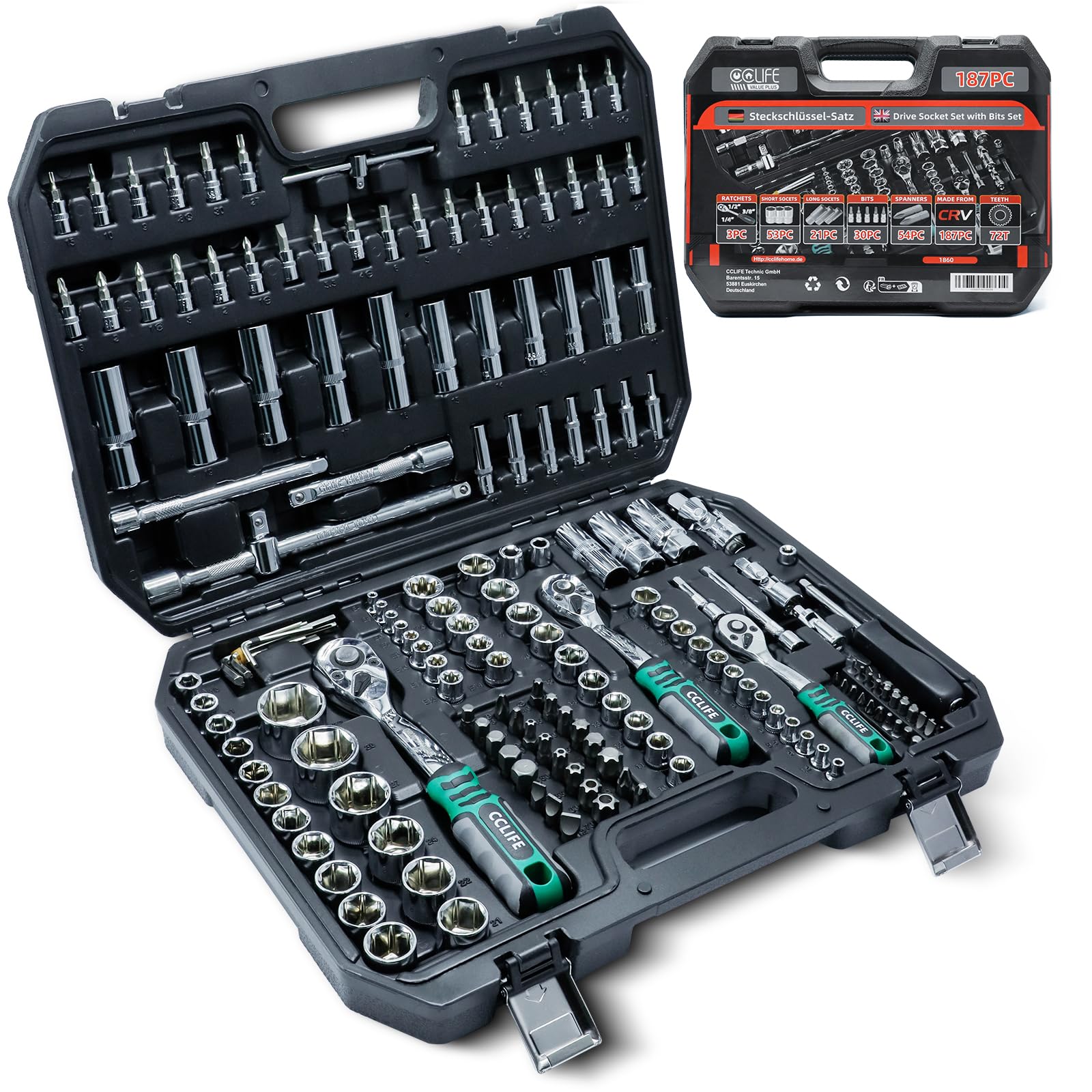 CCLIFE Coffret Douilles 187 Pièces Cliquet 72 Dents CR-V