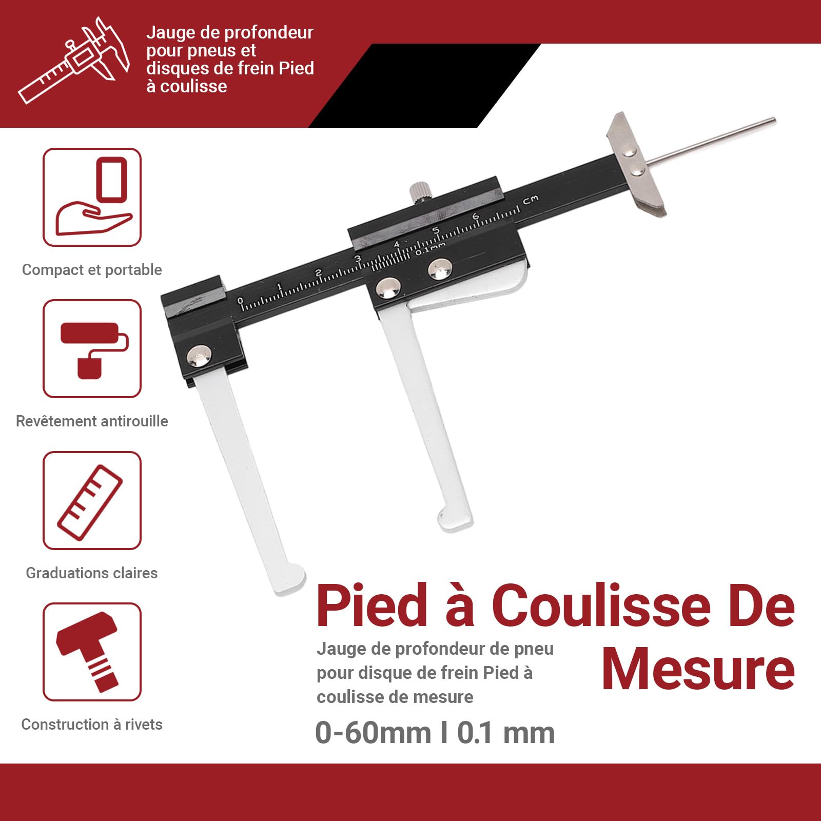 OUKENS Jauge Profondeur Pneu 0-60 mm Jauge 0,1 mm Alu