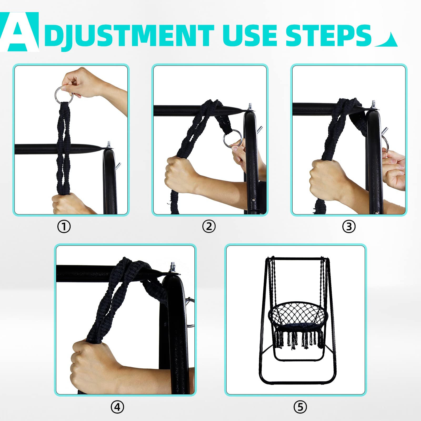 CCLIFE Fauteuil suspendu macramé noir 100 kg avec support