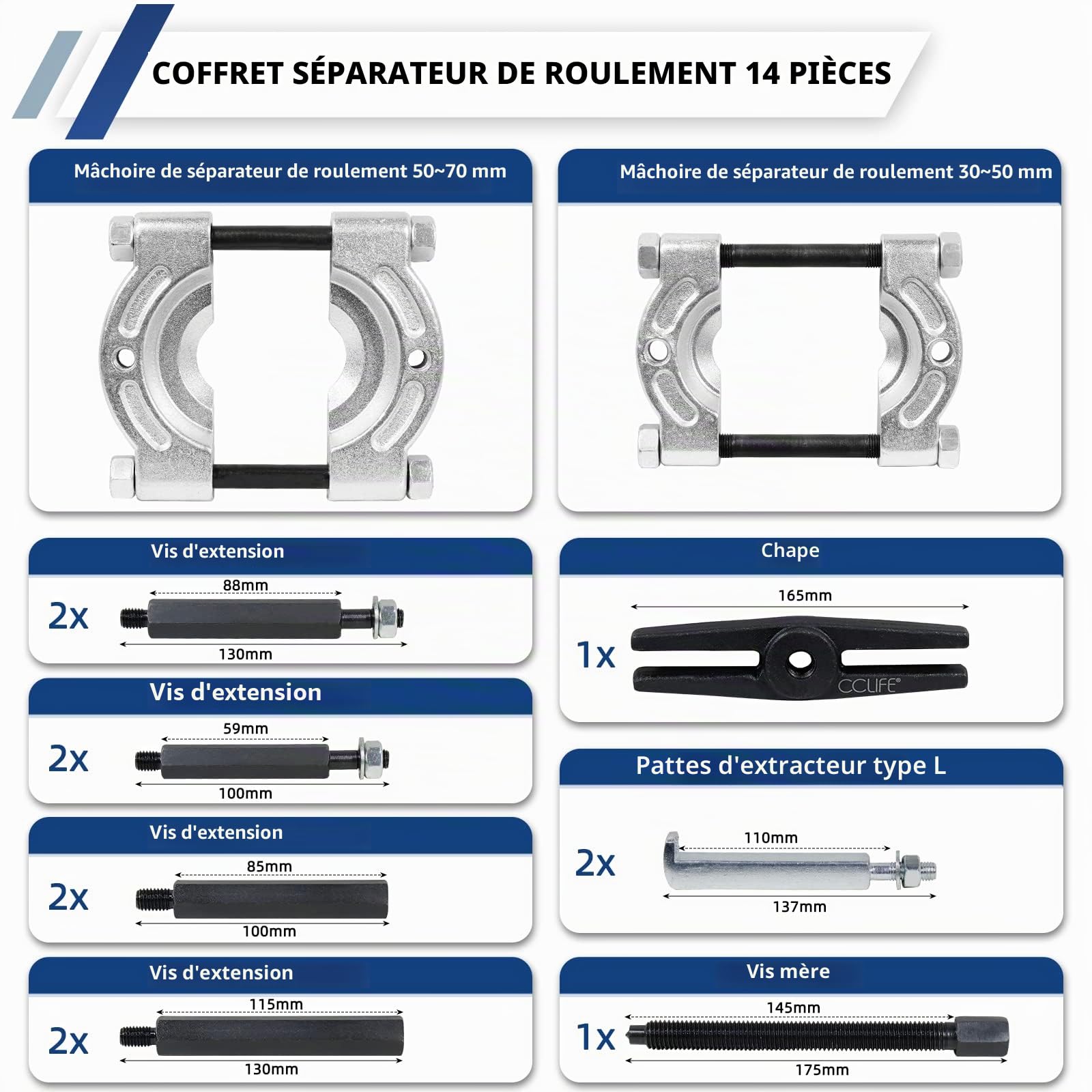 CCLIFE Puller Set Kit Extracteur Roulement 14 Pièces 50-70mm