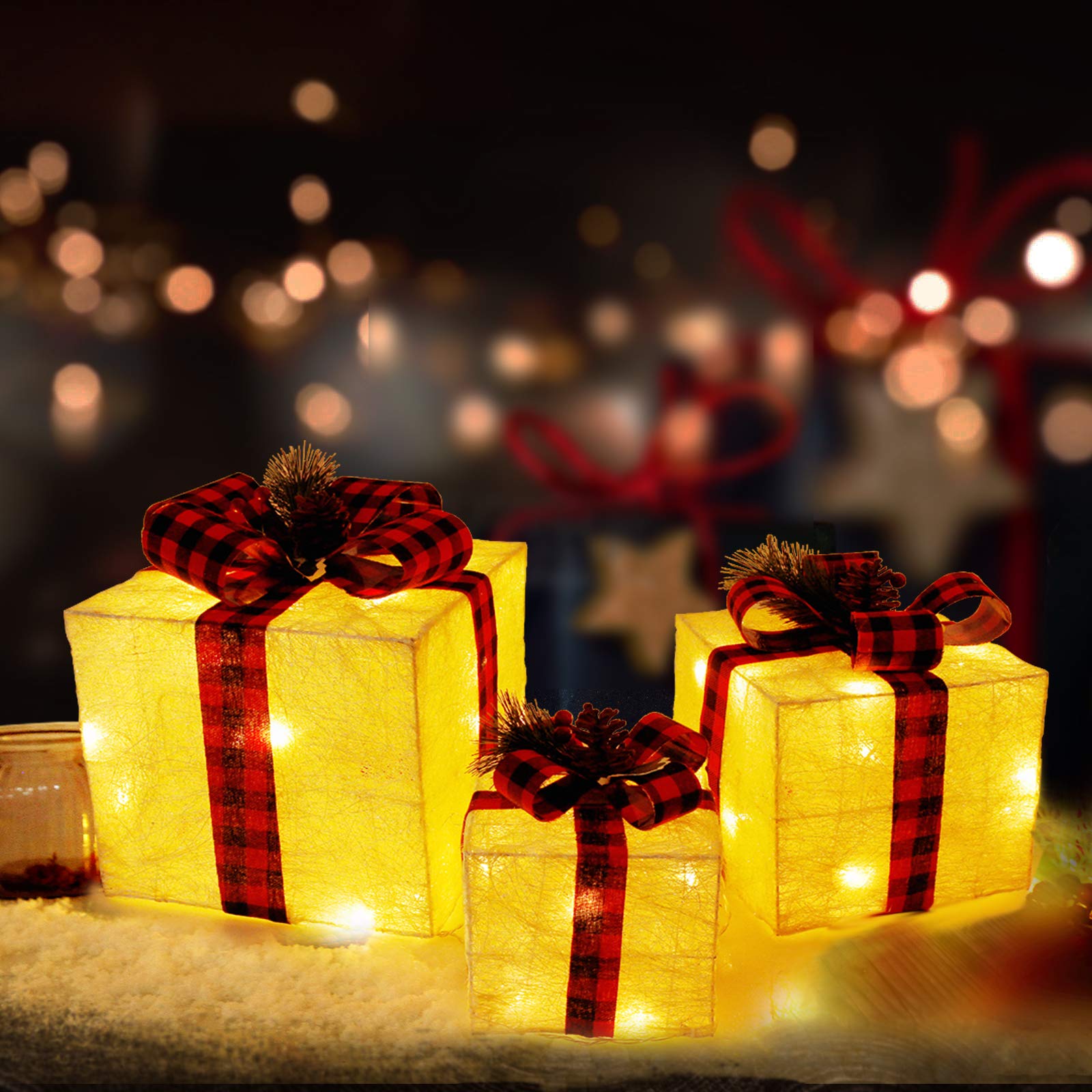 CCLIFE lot 3 boîtes cadeaux lumineuses LED blanc-rouge