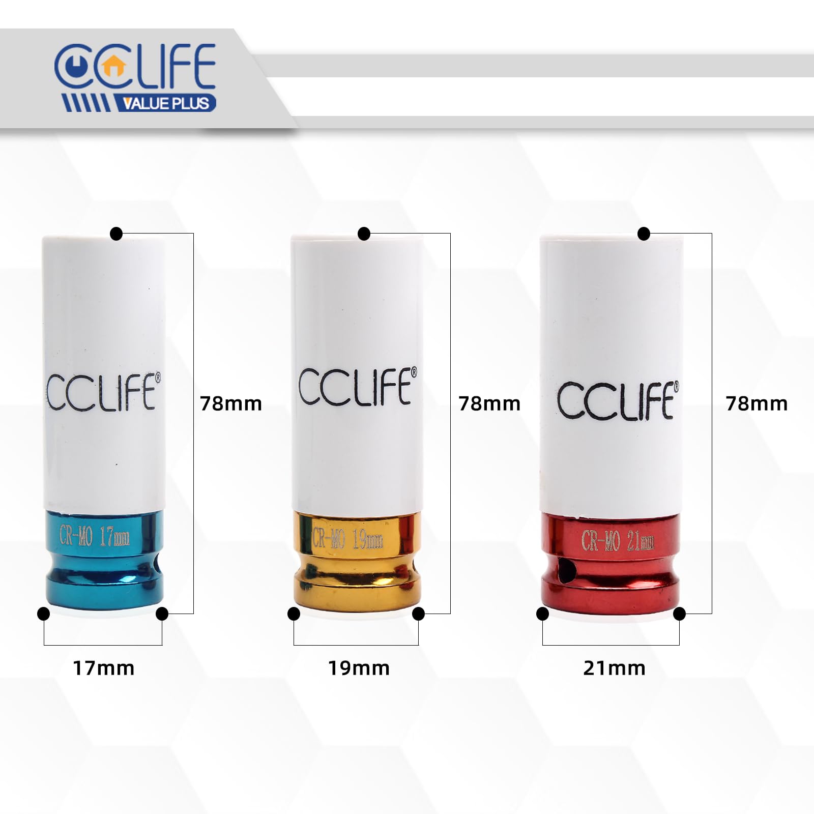 CCLIFE Jeu 3 douilles à choc 1/2" 17-19-21 mm jante alu