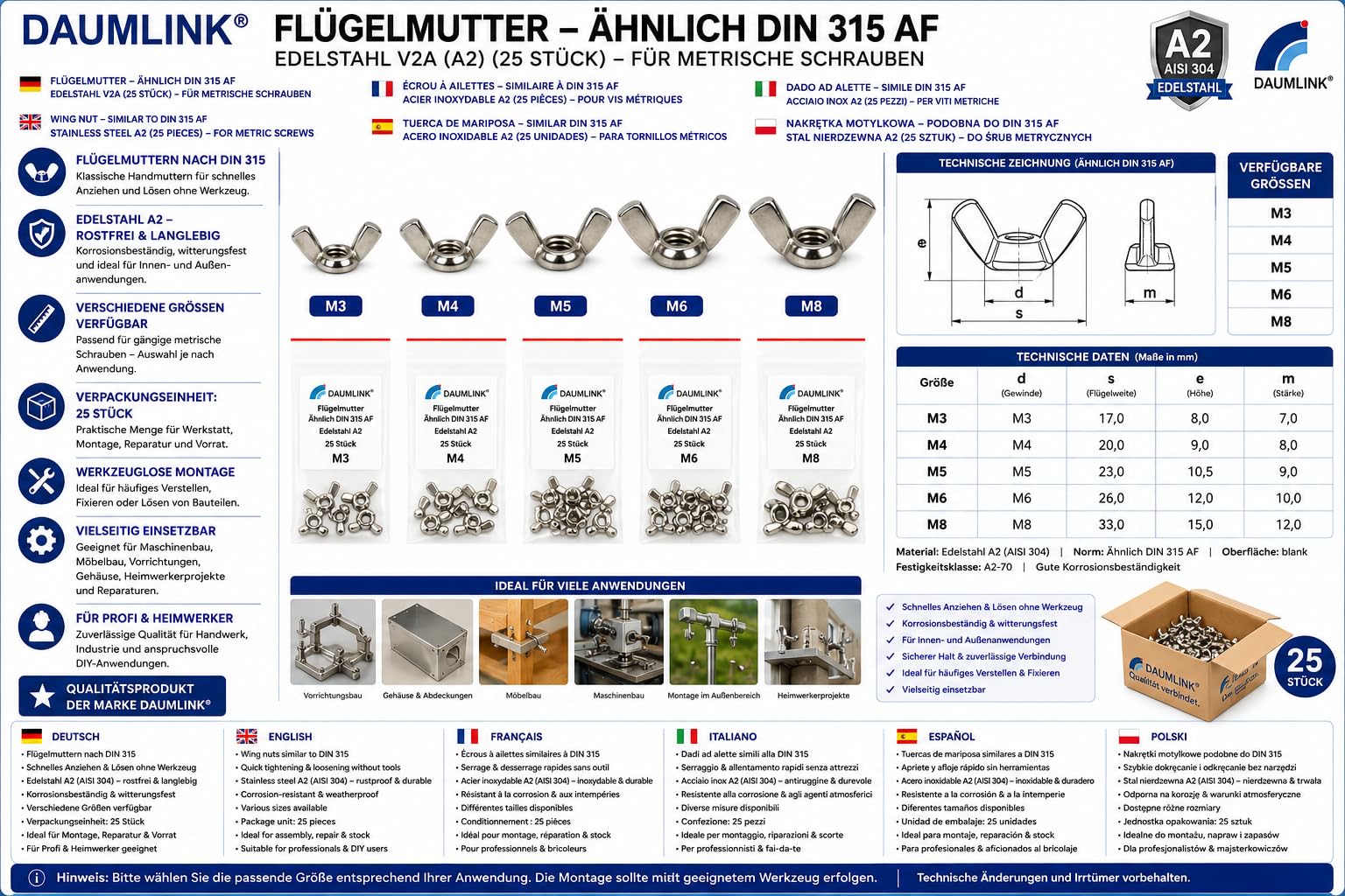 DAUMLINK Écrous Écrou papillon M3 inox 25 pièces sans outil