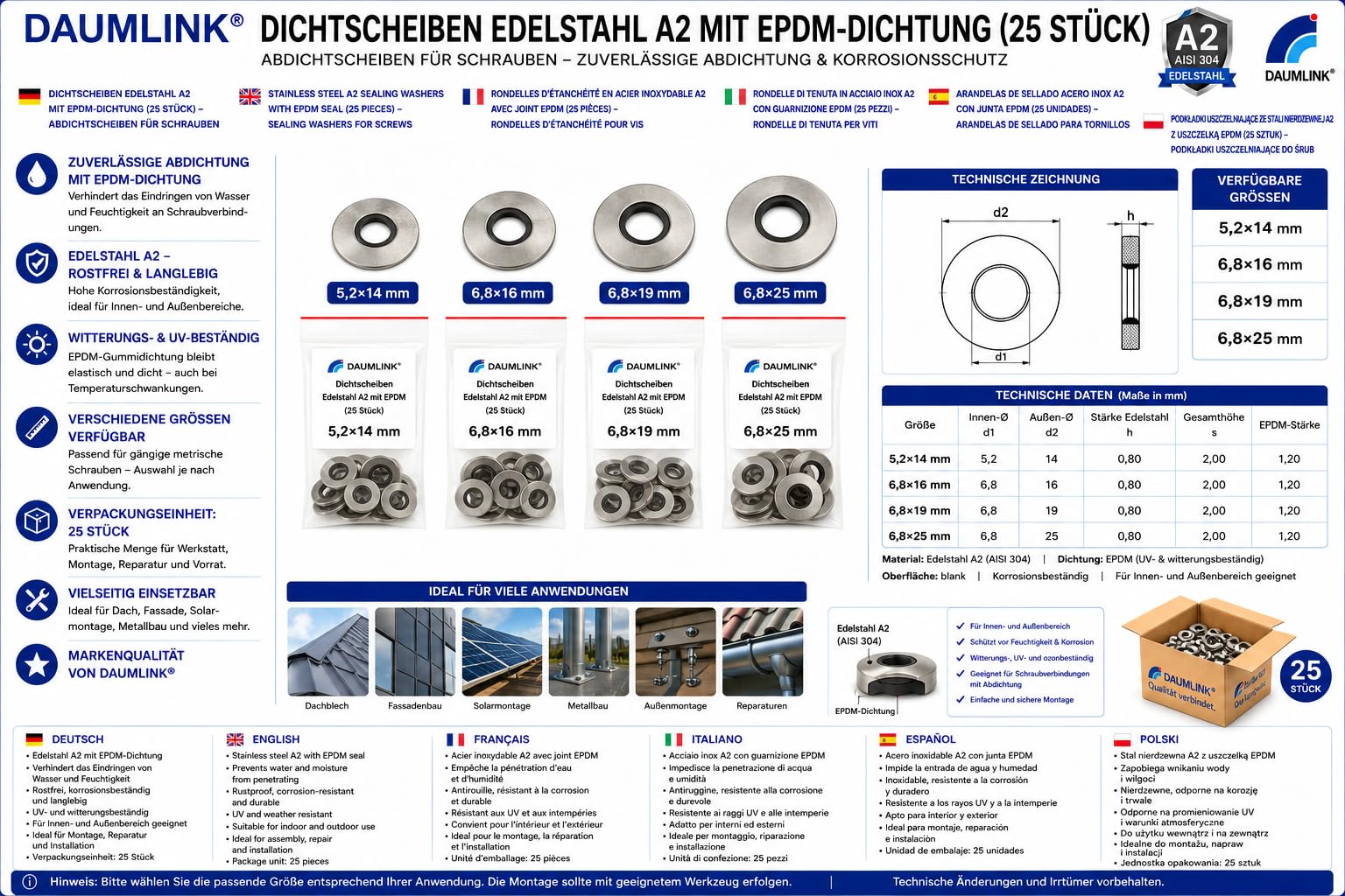 DAUMLINK Rondelles d'étanchéité inox A2 EPDM 6,8x16 lot 25