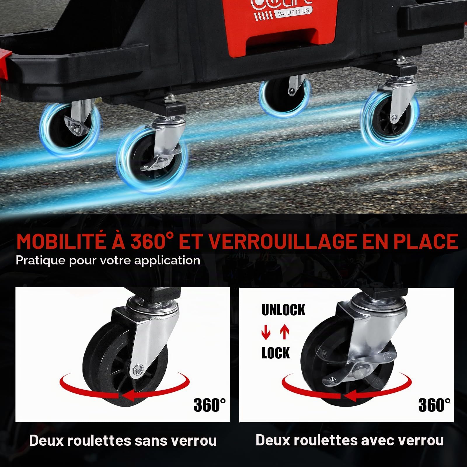 CCLife DIY Tools tabouret mécanicien roulant 180 kg avec tiroir