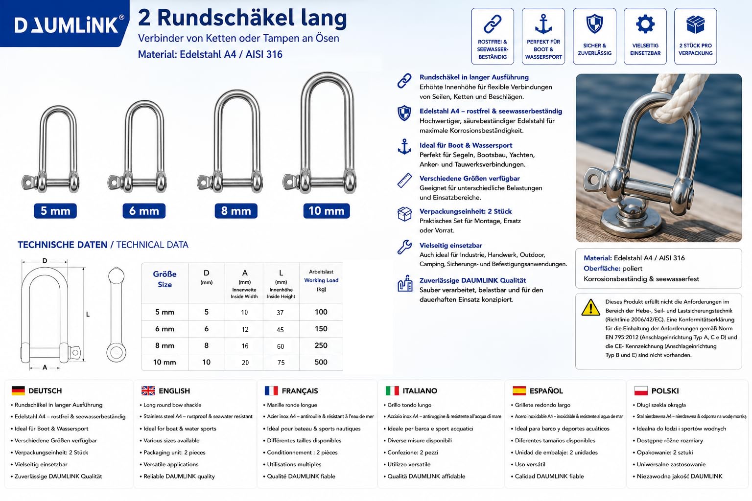 DAUMLINK manille ronde longue 6 mm inox A4 lot 2 pièces