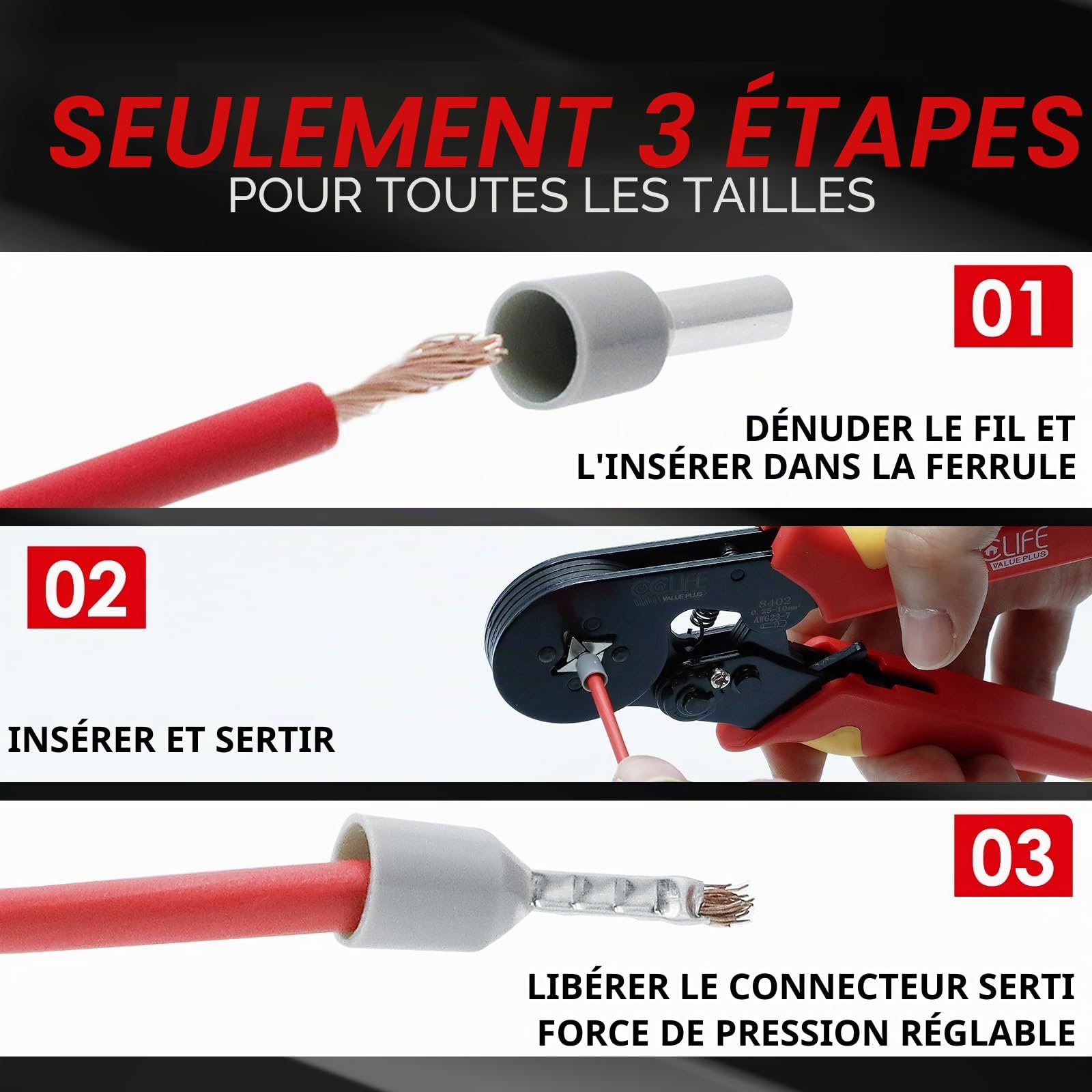 CCLIFE Pince à Sertir Auto 0,25-10 mm² + 1200 Embouts