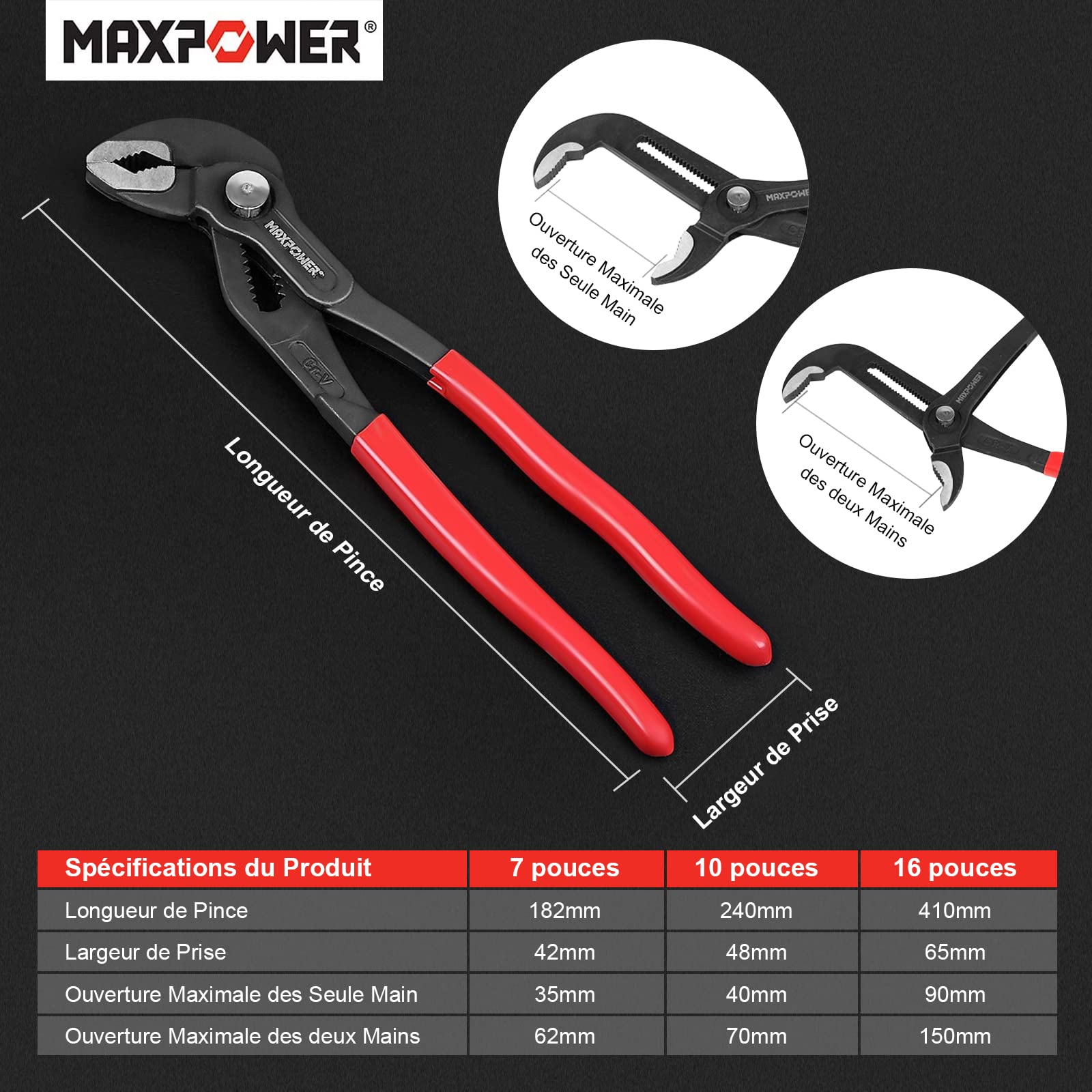 MaxPower Outils de plomberie pinces multiprises 3 pcs Cr-V