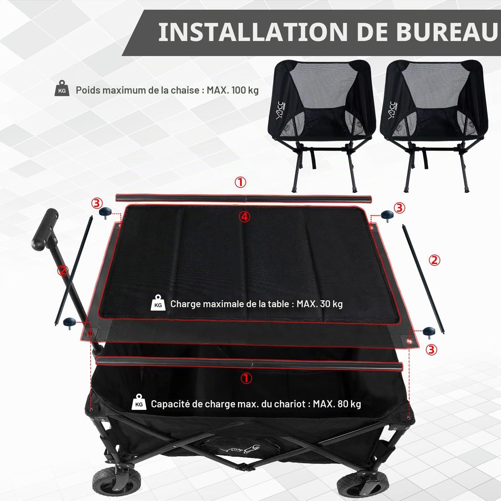 CCLIFE Chariot transport pliable 80 kg noir