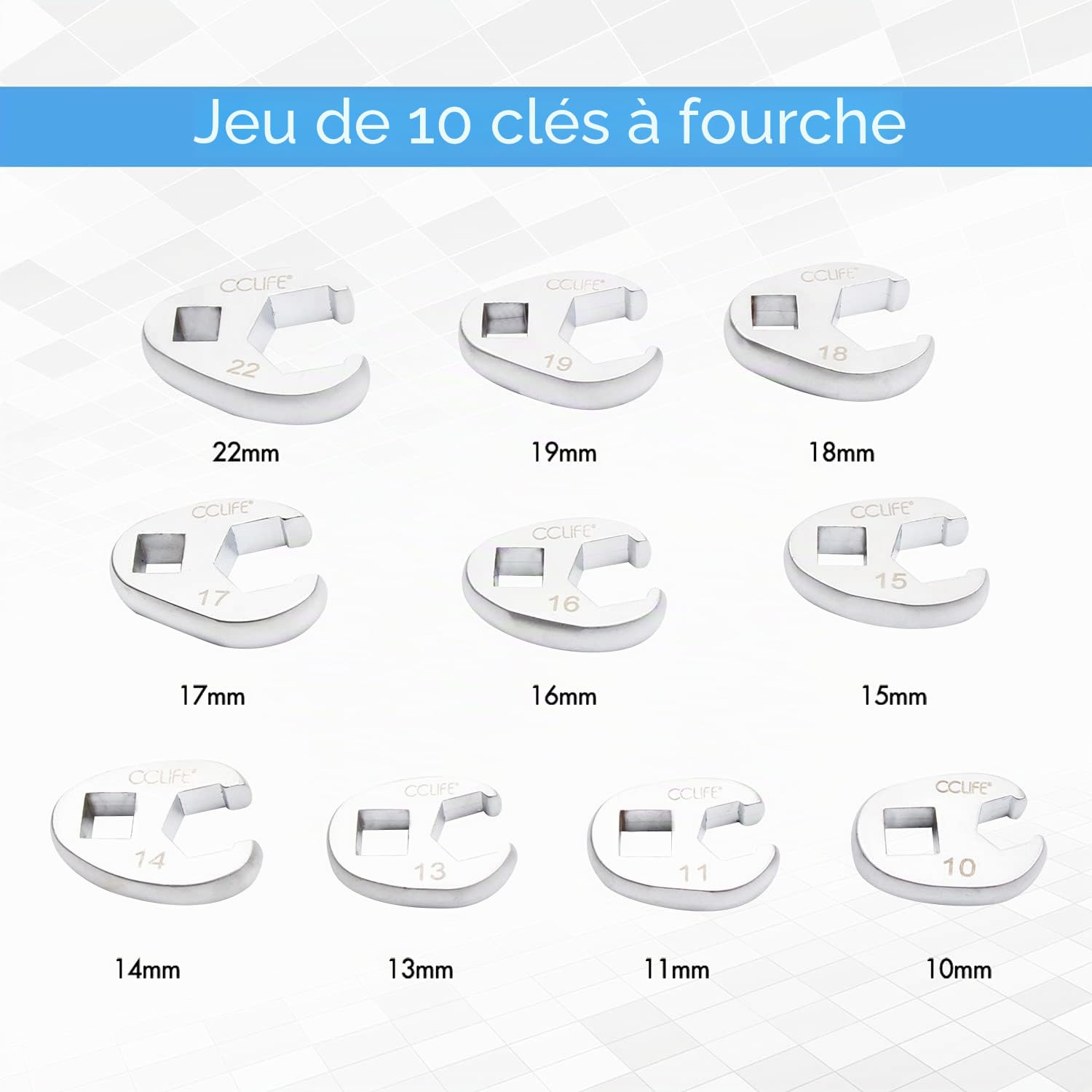CCLIFE Wrenches Jeu 10 clés crowfoot 10-22mm 3/8 CR-V