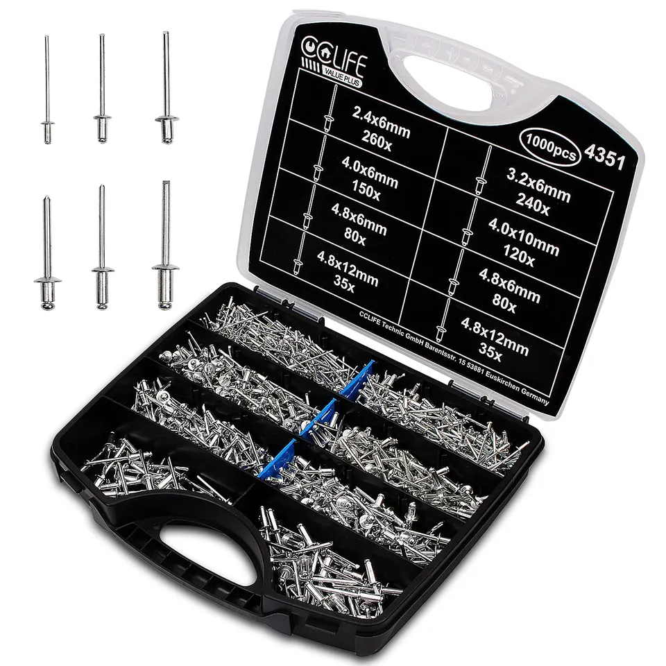 CCLIFE Rivet Guns boîte rivets aveugles alu 1000 pièces