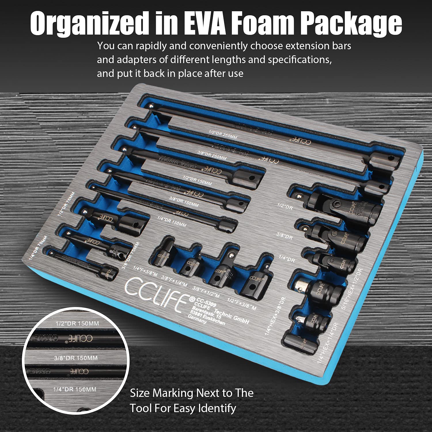 CCLIFE Socket and Bit Sets rallonge douille 18 pièces 1/4-1/2"