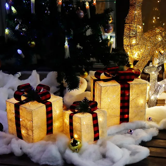 CCLIFE lot 3 boîtes cadeaux lumineuses LED blanc-rouge