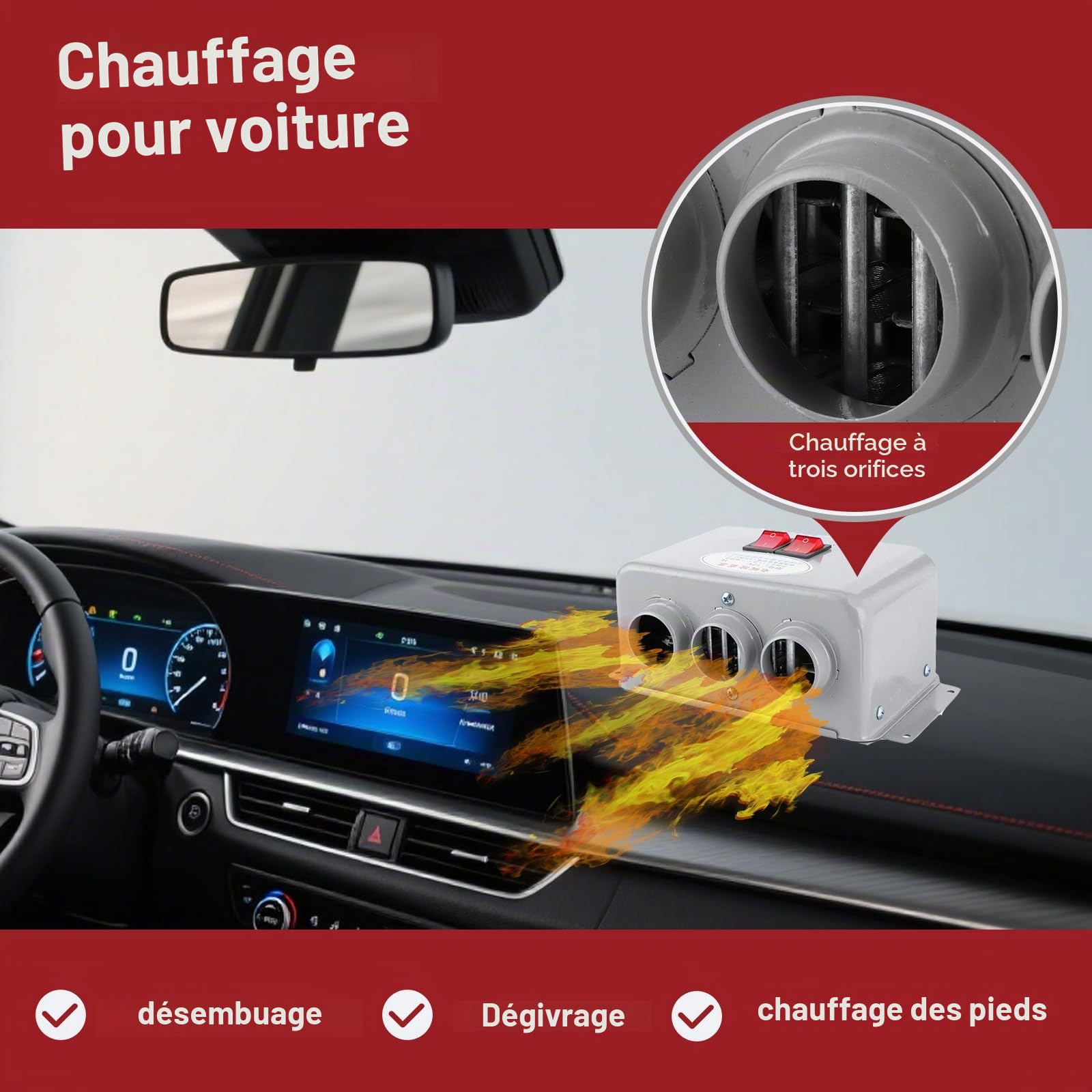 OUKENS chauffage voiture 12V 600W-800W désembuage 3 sorties