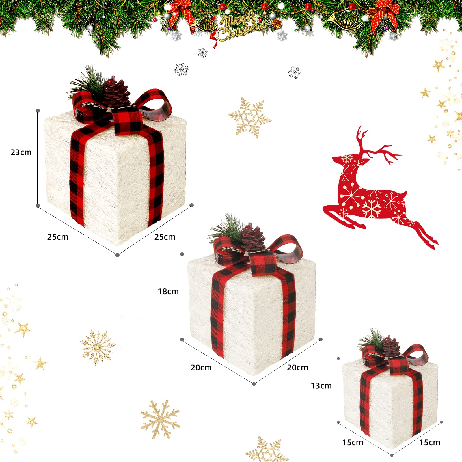 CCLIFE lot 3 boîtes cadeaux lumineuses LED blanc-rouge