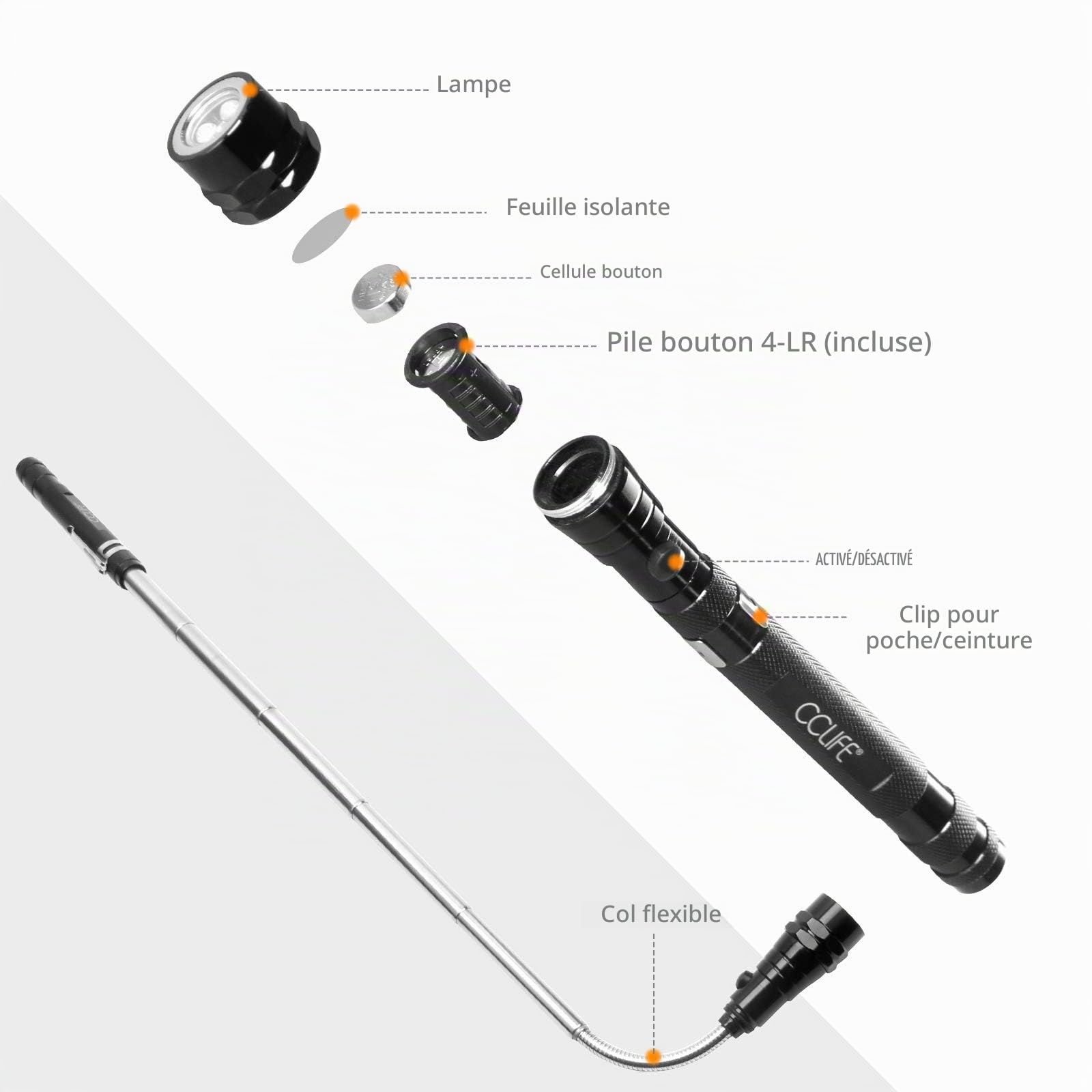 CCLife DIY Tools kit 7 aimant télescopique miroir LED