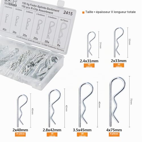 CCLIFE DIY Tools Goupilles clips R zinguées 150 pièces