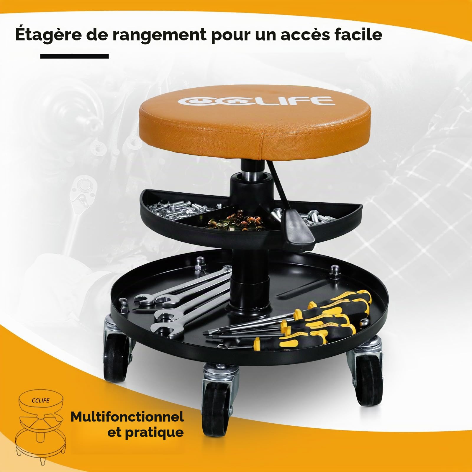CCLIFE Tabouret Atelier à Roulettes Orange 150 kg Réglable