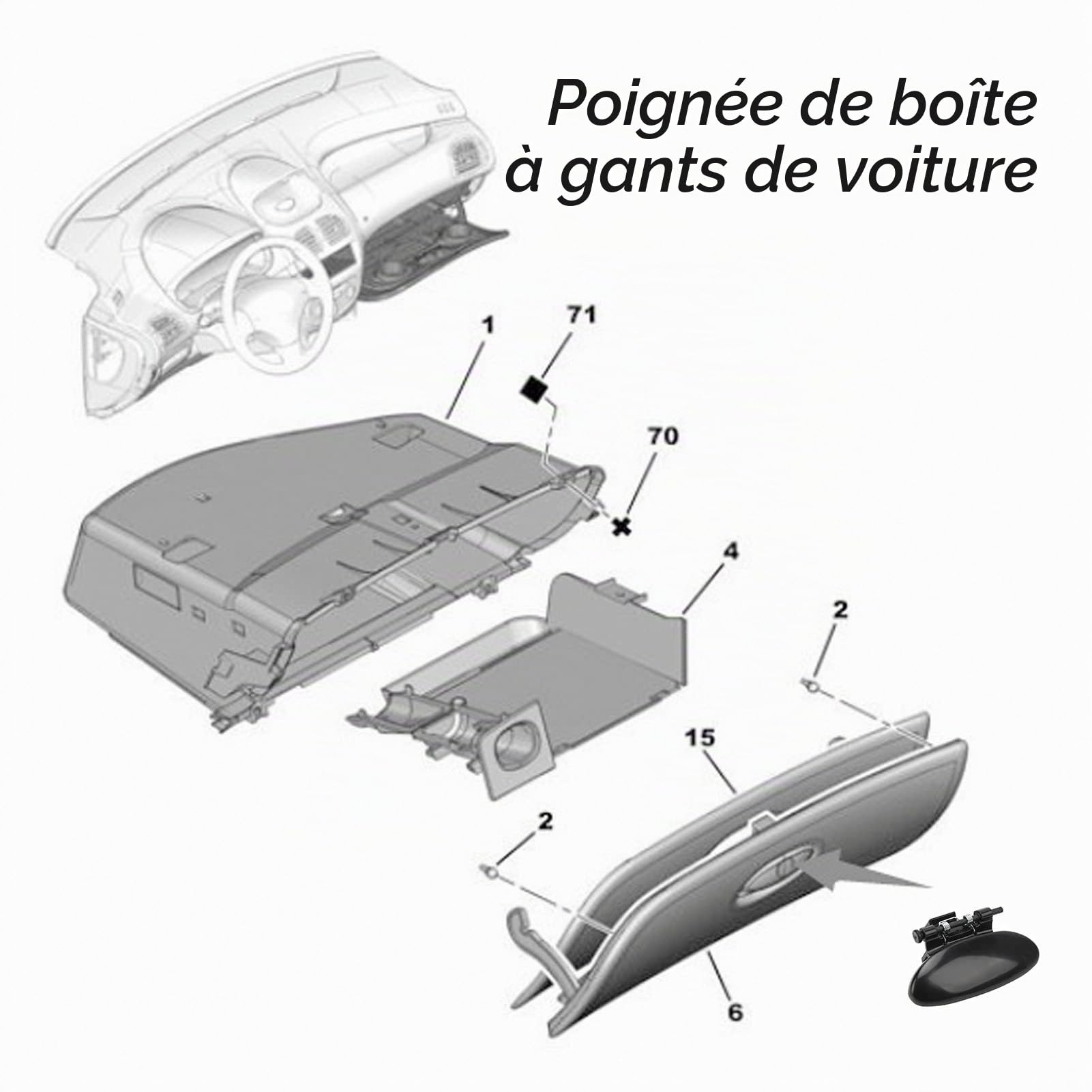 OUKENS 8218PX poignée boîte à gants ABS Peugeot 206 207