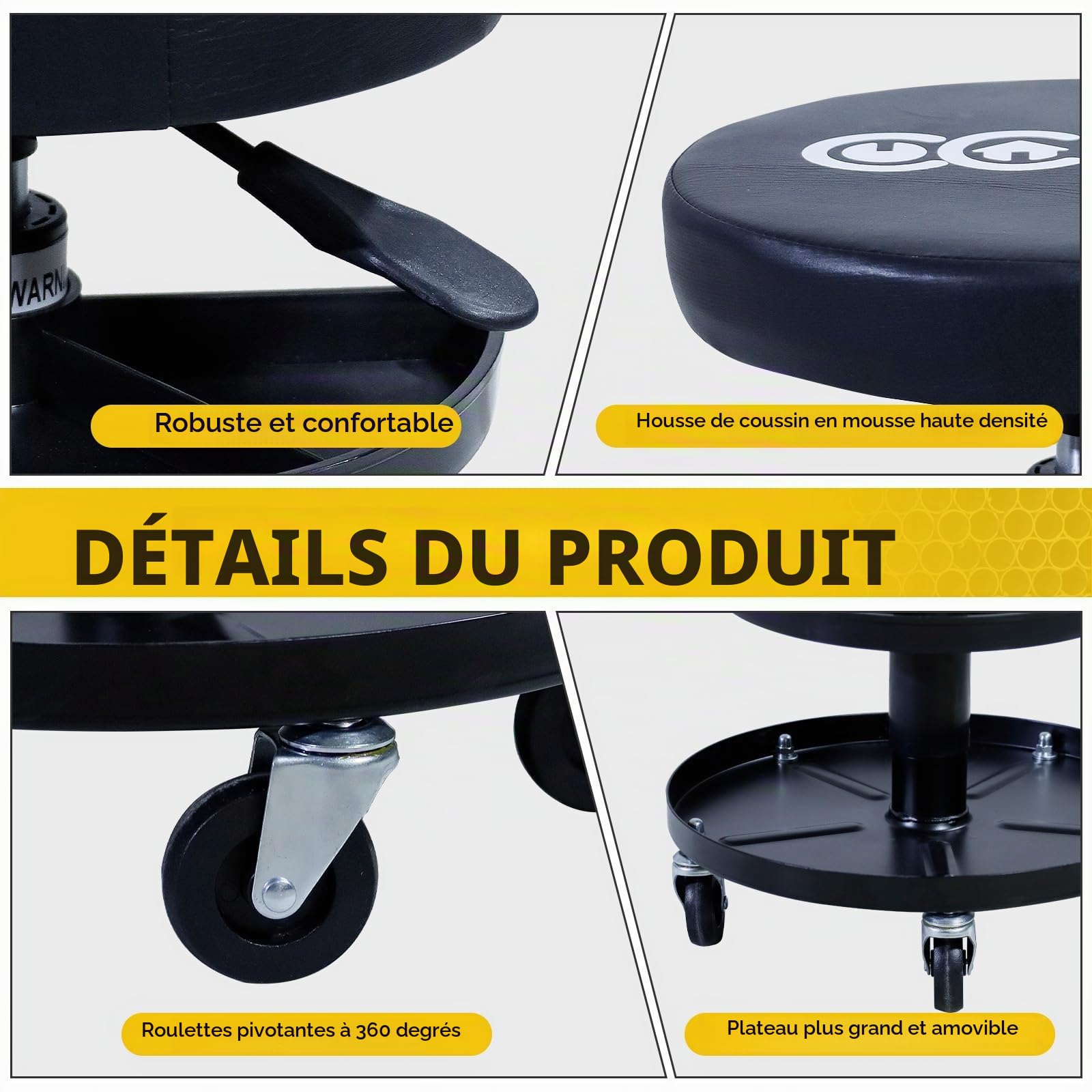 CCLIFE DIY Tools tabouret atelier noir 150 kg réglable 2 plateaux
