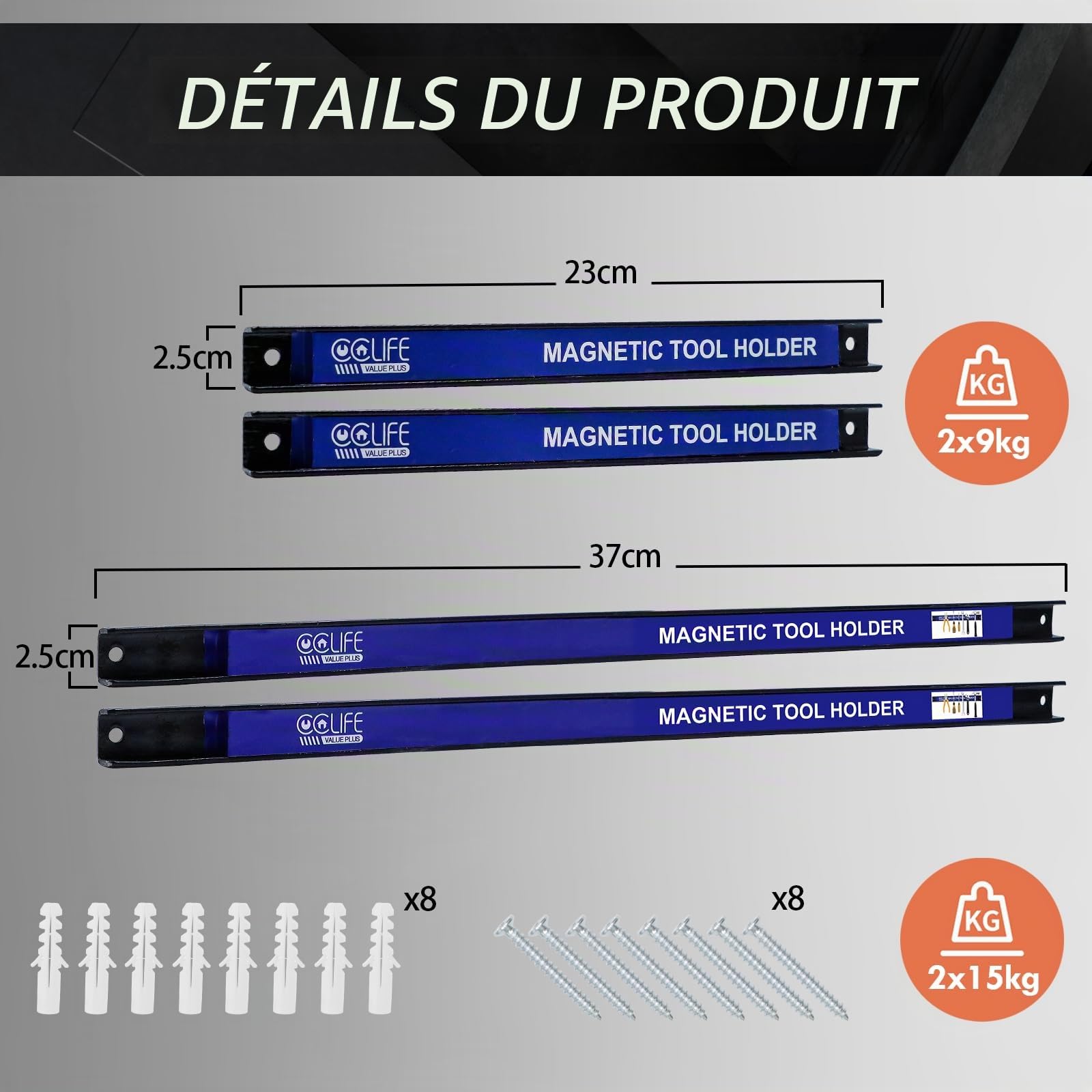 CCLIFE DIY Tools 4 barres magnétiques 23+37cm 9+15kg