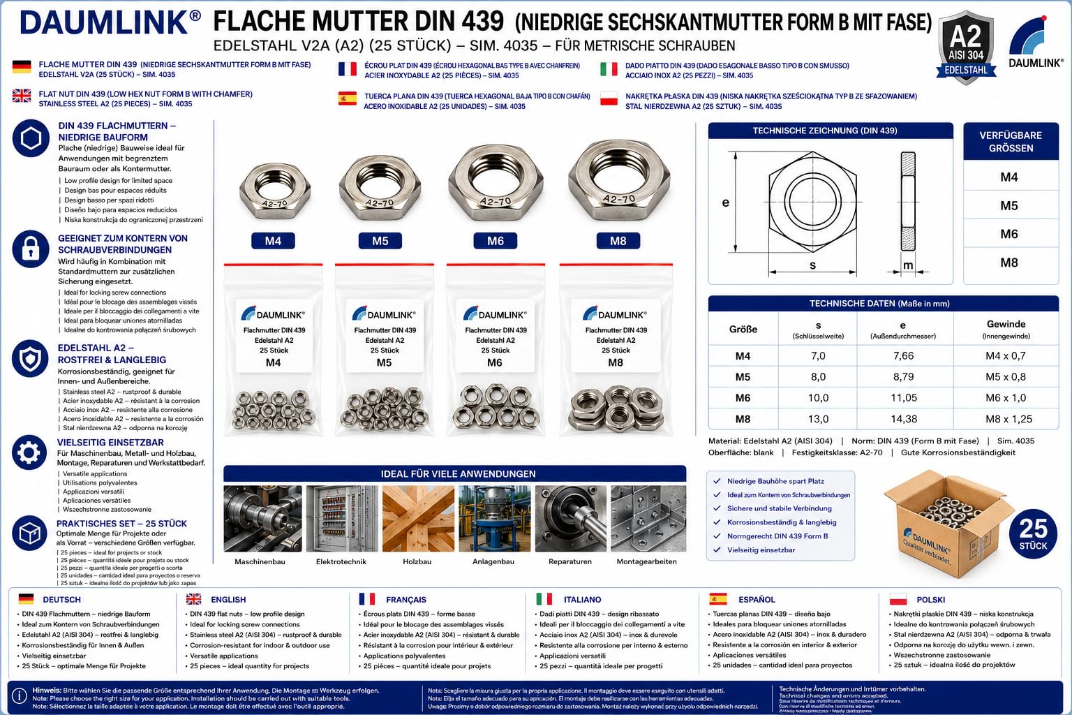 DAUMLINK Écrous bas DIN 439 M8 inox A2 lot 25