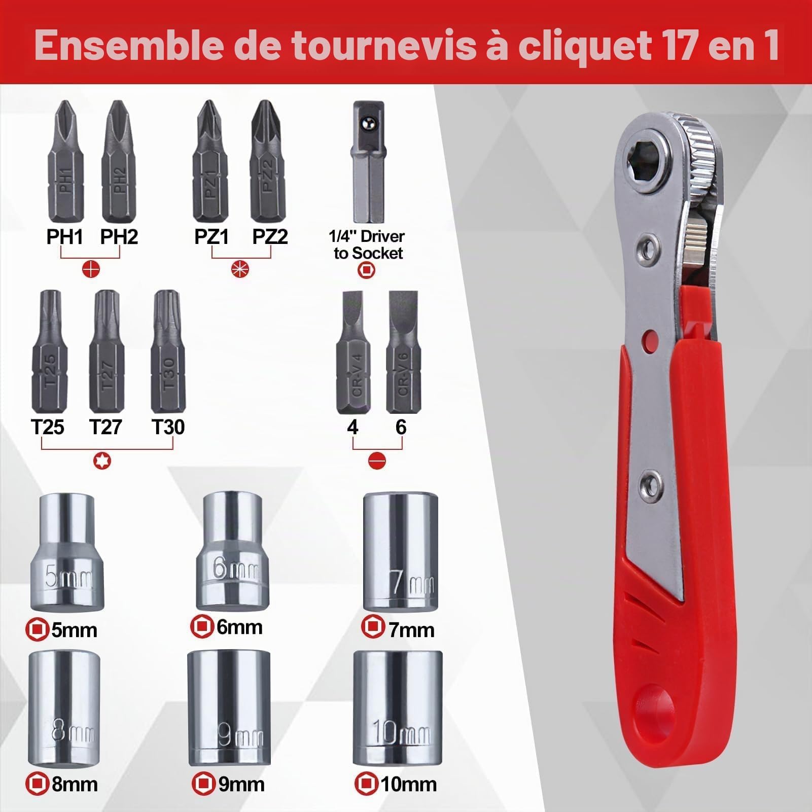 LEONTOOL Tournevis angle droit 17 pièces 36 dents