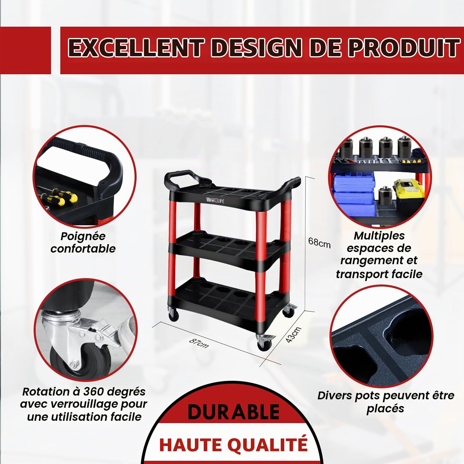 CCLIFE DIY Tools chariot atelier 3 niveaux servante avec compartiments 150 kg